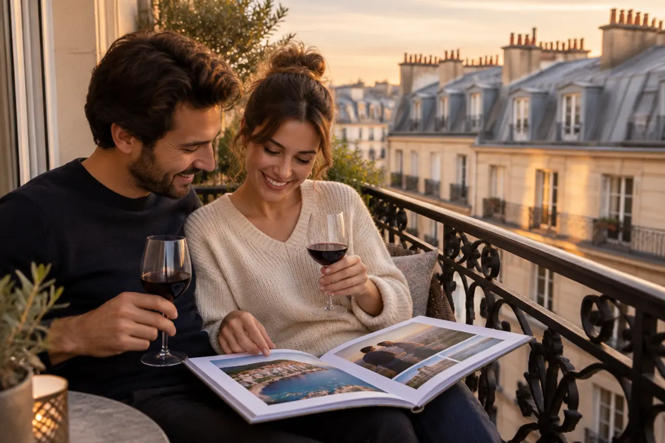 Un couple feuillette son livre photo