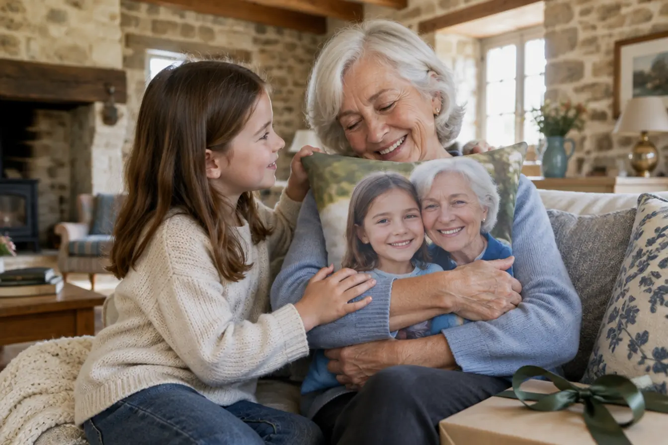Une grand-mère et sa petite-fille avec un coussin photo