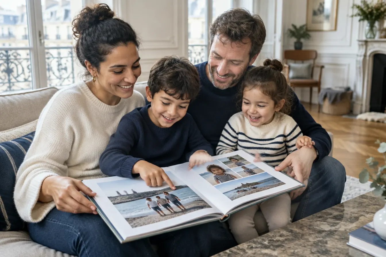 Une famille feuillette son livre photo dans le salon